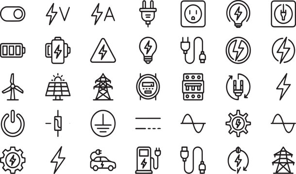 Set of electric power line icons featuring energy sources charging stations and appliances.