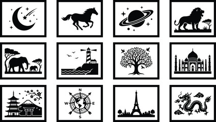 Fototapeta premium Framed black and white silhouette icon set featuring global travel landmarks, nature, wildlife, and space