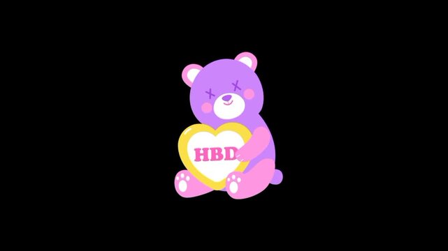 Teddy Bear cartoon with HBD wish heart shaped card 3d icon animation 