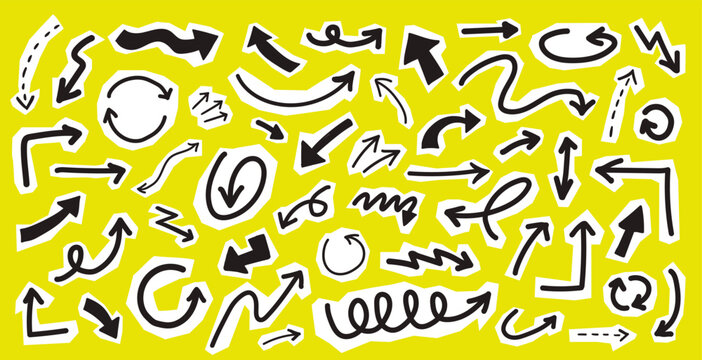 Scrapbook doodle arrows set. Scribble arrows sticker design. Vector