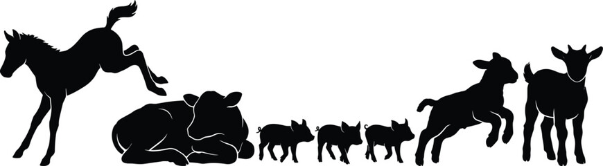 Collection of black baby farm animal silhouettes including a foal, calf, piglets, lamb, and goat kid for design. © MdMir