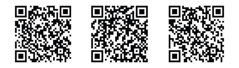 Fototapeta premium Three distinct black and white square quick response codes arranged horizontally