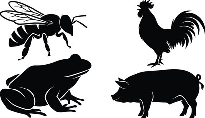 Set of black farm and nature animal silhouettes featuring a bee, rooster, frog, and pig for design. © MdMir