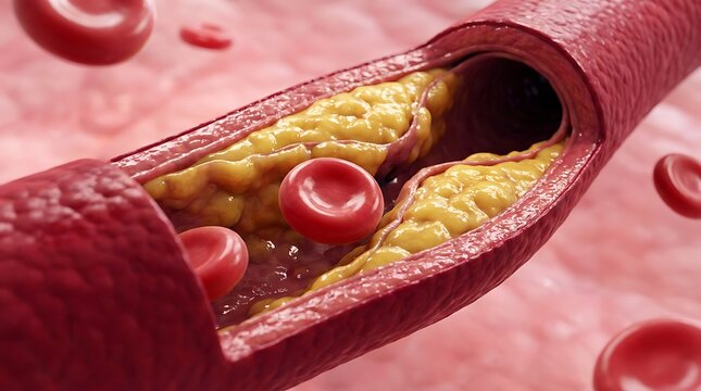Close up microscopic view of blood vessel cross section showing cholesterol plaque buildup and red blood cells within artery inner lining damage cardiovascular disease concept.
