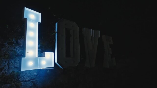 Flashing LOVE Letter Sign Illuminating Outdoor Wedding at Night