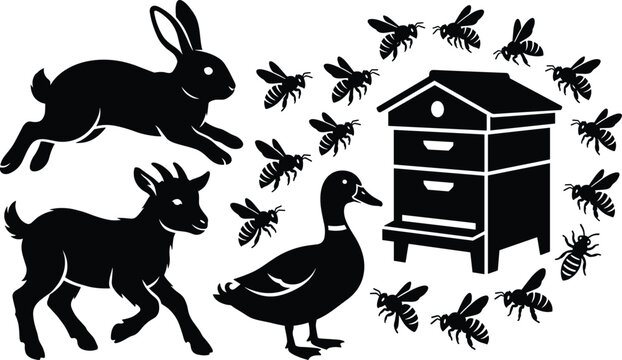 Farm animal and beekeeping black silhouette collection featuring a running rabbit, goat, duck, and beehive with bees