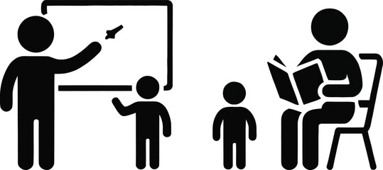 Teacher pointing at blackboard while student raises hand in class © MelonChandro