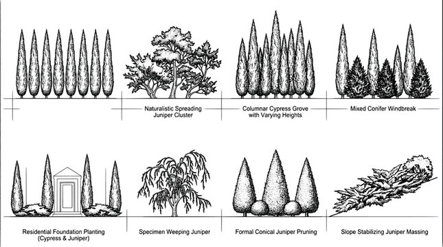 Landscaping design guide showing various arrangements of cypress and juniper trees and shrubs