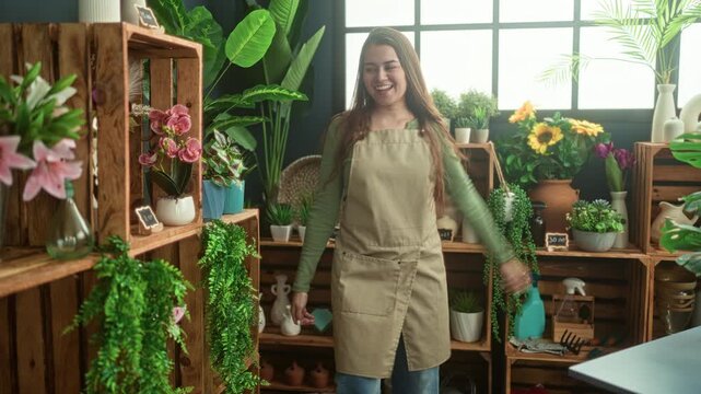 Woman florist raises her right arm above potted flowers and spins while smiling in a studio; joy entrepreneurial morning.