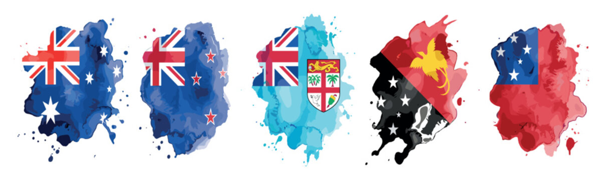 Oceania nations flags watercolor paint splashes set