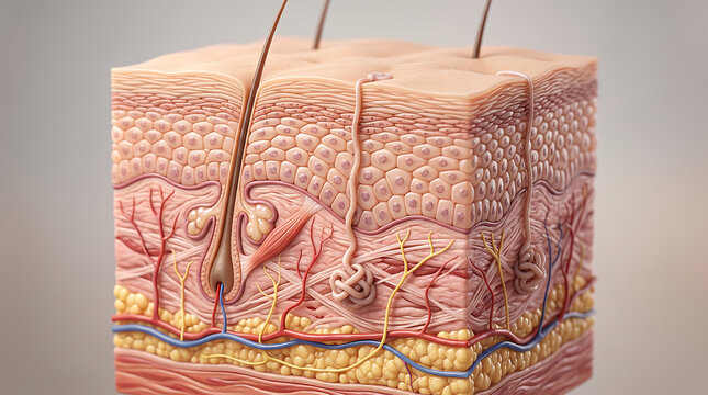 Detailed cross-section of human skin showing epidermis, dermis, hair follicles, sweat glands, blood vessels and nerves in an educational 3D medical illustration.