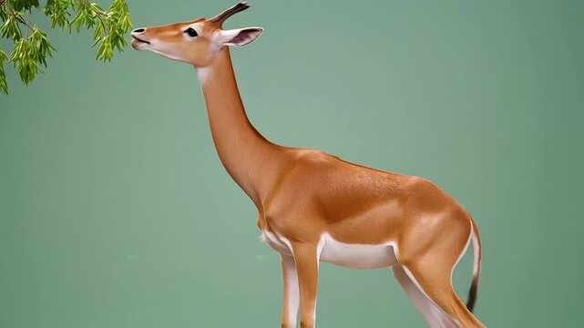 Gerenuk antelope standing on hind legs to eat leaves. Long-necked African gazelle browsing tall shrubs in savanna habitat.