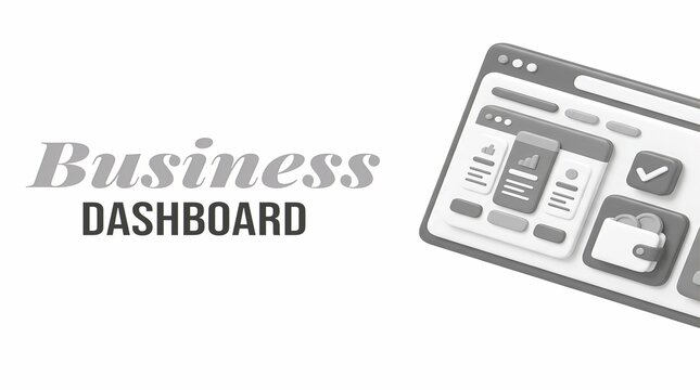 Monochrome business dashboard text with stylized isometric web interface mockup on background