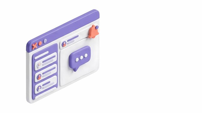 Stylized chat application window with large speech bubble icon and user list on purple sidebar