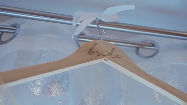 Personalized Bride Wooden Hanger with White Ribbon Close Up