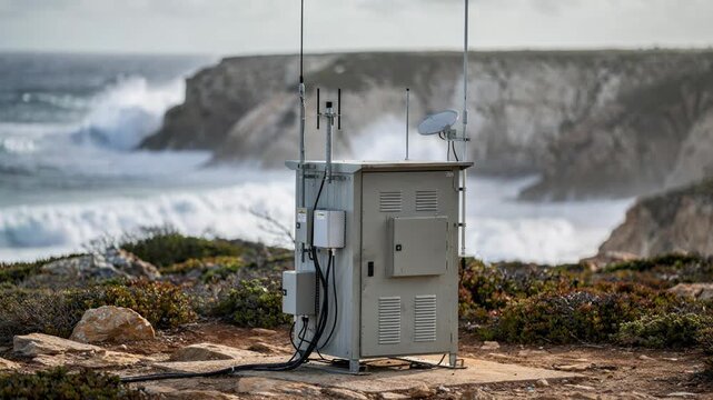 Medium shot of an unmanned relay sites compact shelter with antennas focused foreground coastal cliffs and ocean waves subtly blurred behind.