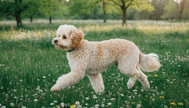 Adult Pomapoo Dog Walking Through Sunny Green Meadow in Natural Habitat