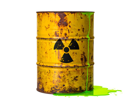 A rusty corroded yellow metal barrel featuring a black radioactive warning symbol leaking glowing green liquid.