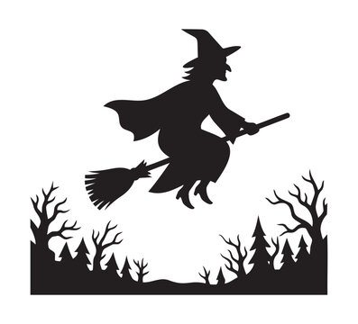 Witch flying on a broomstick over a haunted forest with spooky dead trees silhouette