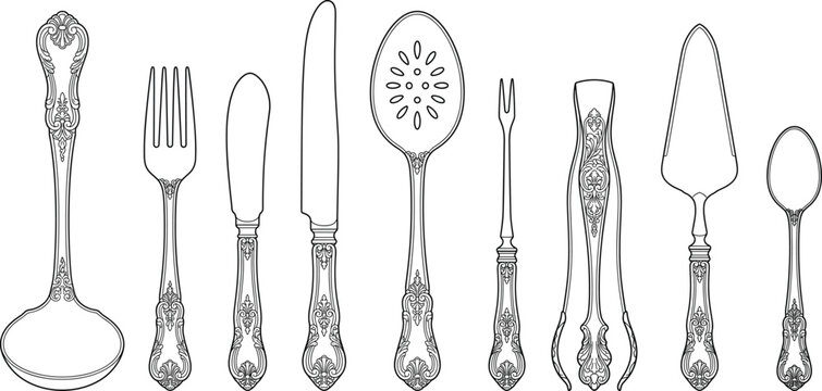 Elegant vintage cutlery set line art featuring ornate silverware and serving utensils for dining