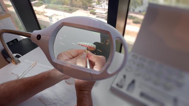 Dental technician creating ceramic denture implants under a magnifying glass lamp in a modern clinic laboratory, working with precision tools on teeth restoration process