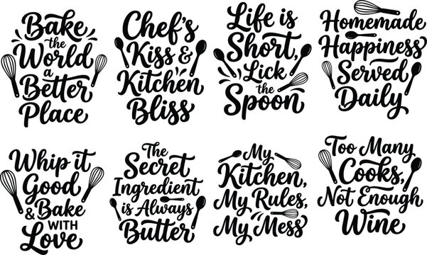 Kitchen Typography Designs with Cooking Quotes and Utensil Icons for Culinary Inspiration and Home Decor