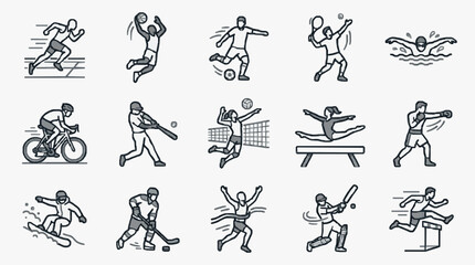 Elegant Monochromatic Line Art Collection of 15 Dynamic Sports Activities and Athletes in Action © Jaya