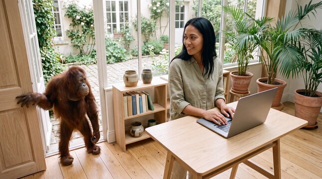 Junge Frau l&auml;chelt beim Arbeiten am Laptop im hellen Wintergarten w&auml;hrend ein Orang-Utan durch die T&uuml;r kommt