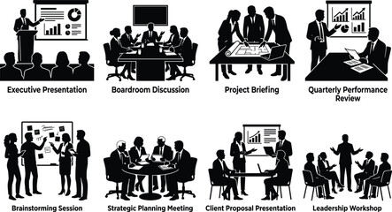 Obraz premium Business meeting and corporate presentation black silhouette vector icon set featuring teamwork and executive strategy sessions
