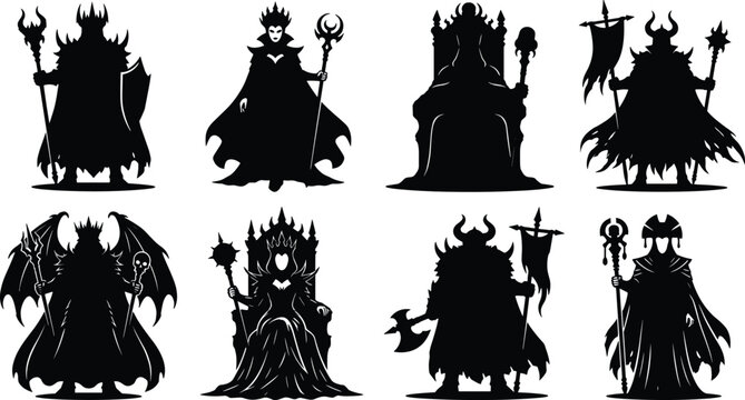 Dark Fantasy Villain Silhouette Vector Set with Evil King Queen and Sorcerer Characters