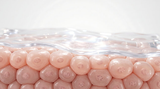Moisturized skin barrier close-up showing plump epidermal cells beneath a clear protective hydration film, representing smooth healthy skin and moisture retention.