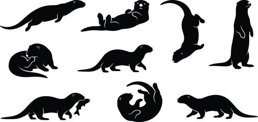 Obraz premium Otter Silhouette Vector Set with Swimming Standing Hunting and Playing Wildlife Poses