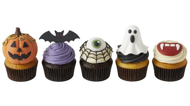 Set of Halloween cupcakes isolated on white background. Festive party food.
