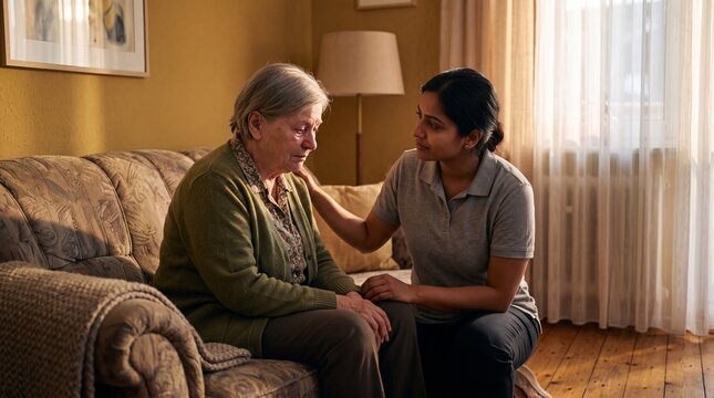 Junge Pflegerin tr&ouml;stet traurige Seniorin auf dem Sofa im warm beleuchteten Wohnzimmer mit Zuwendung
