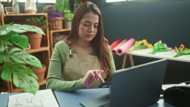Woman florist in apron holds pen near chin with hand while checking orders on laptop in studio; calm focus.
