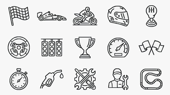 Dynamic Black and White Racing and Motorsport Icons Collection for Design Projects with high quality professional line art symbols for modern creative design and digital branding projects