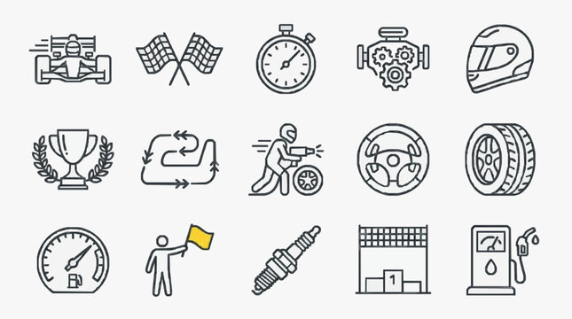 Creative Black and White Line Icons Set Featuring Racing Mechanics and Pit Stop Elements for Sports or Auto Industry