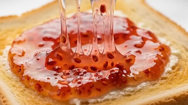 Spreading Delicious Strawberry Jam on Toasted Bread with a Spoon for Breakfast.