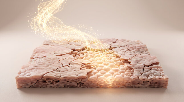 Dry cracked skin barrier repair concept with glowing energy restoring damaged tissue, moisture balance and healthy texture in a close-up dermatology skincare scene.