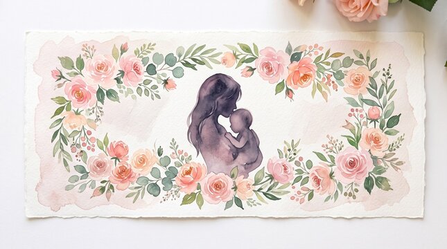 Watercolor illustration of mother and baby surrounded by floral rose wreath