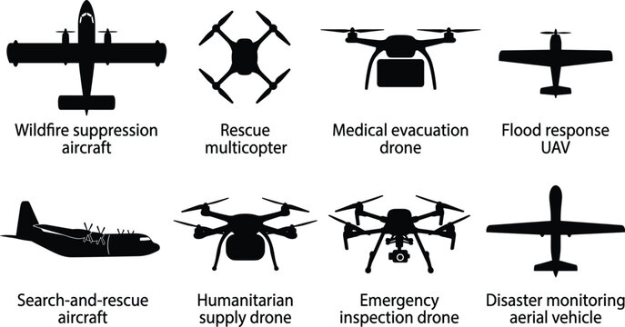 Black silhouette icons of emergency response aircraft rescue drones and UAVs for disaster relief and humanitarian missions