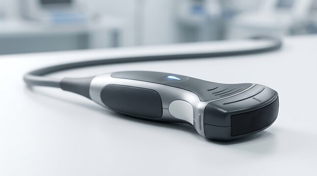 Medical ultrasound transducer probe resting on a clean clinical examination table surface
