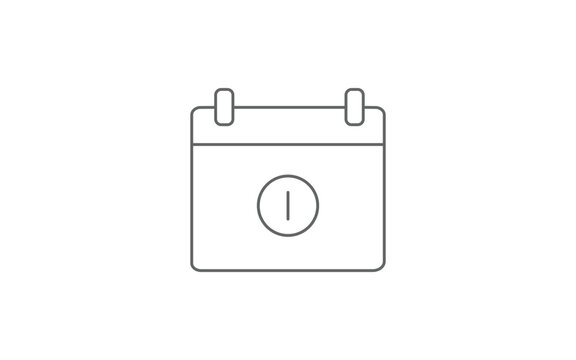 Calendar Day 1 Line Art Icon. Wall calendar with top binder rings and a circular badge showing the number one in the center. Flat illustrator vector file. High-quality image