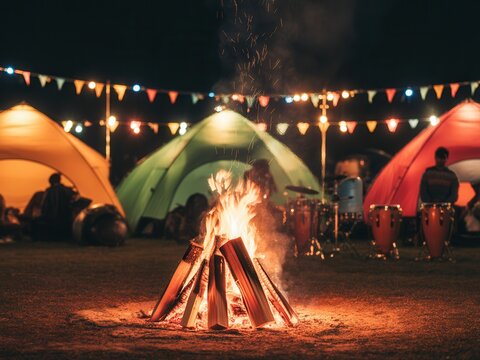 Vibrant bonfire burning at a night music festival. Camping adventure theme.
