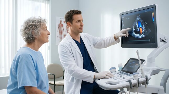 Doctor showing cardiac image on ultrasound display to senior patient while explaining test results inside clinic office during routine consultation wearing professional lab coat gear.