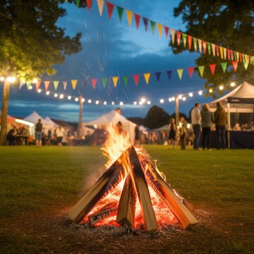 A glowing campfire burns on a lawn at an evening outdoor party. Ideal for.