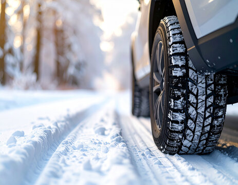 雪道を走行するスタッドレスタイヤのクローズアップ、雪しぶきが舞う冬の走行シーン
Close-up of a winter tire driving on a snowy road with fresh snow