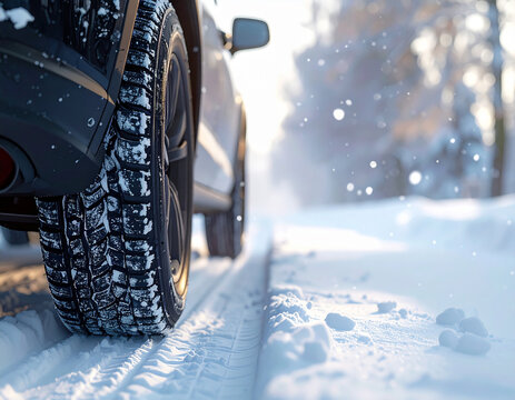 雪道を走行するスタッドレスタイヤのクローズアップ、雪しぶきが舞う冬の走行シーン
Close-up of a winter tire driving on a snowy road with fresh snow