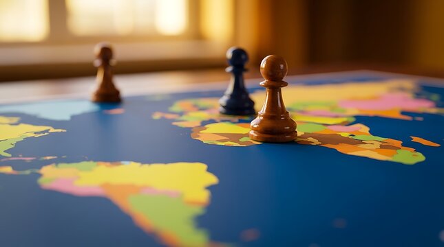 Wooden chess pawns placed on world map representing global strategy and international business or political decisions for conquering new markets and international expansion concepts.