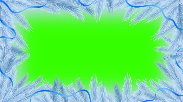 Festive winter frame with frosted white pine branches and blue ribbons on a green screen